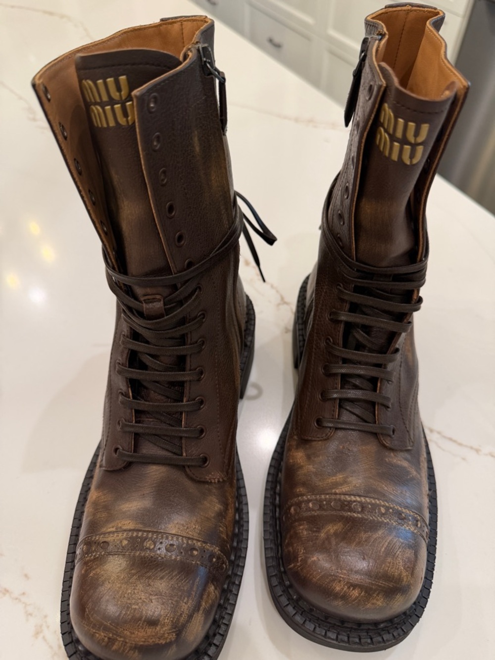 Miu Miu Distressed Brown Leather Lace-Up Combat Boots